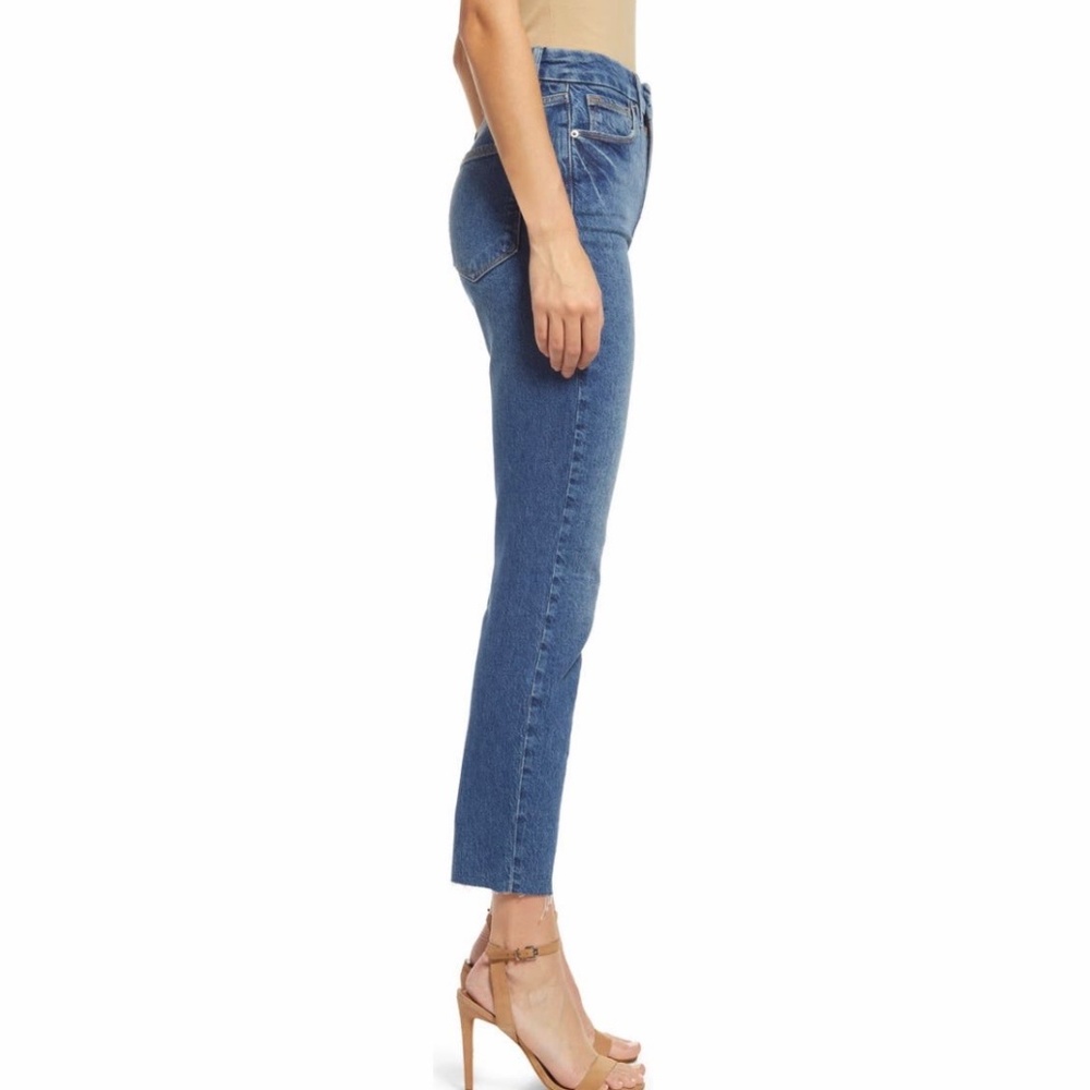 New Good American Slim Straight High Rise Raw Hem Ankle Jeans Blue Size 0 / 25 - Picture 3 of 16